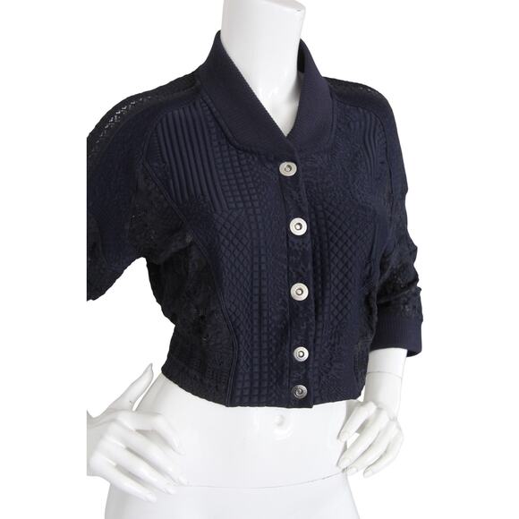 High Everyday Couture Crop Bomber Jacket Navy Lace Textured Knit US 8 IT44 - Picture 3 of 9